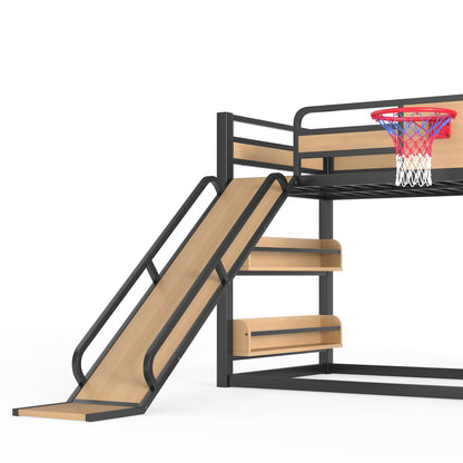 Bellemave Metal Twin Over Twin Bunk Bed Frame with Slide,Twin Size Floor Bunk Bed and Basketball Hoop,Pull-up Rings and Climbing Wall,Heavy Duty Bunk Beds with Bookshelves for Kids Girls Boys,Natural