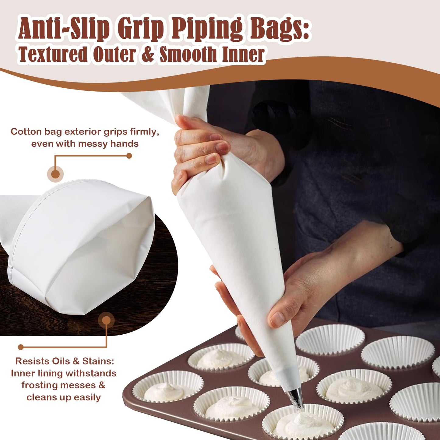 9-Piece Reusable Piping Bags and Tips Set- Cotton Baking Kit with Coupler, Stainless Steel Nozzles & Cleaner for Cakes/Cupcakes/Cookies Decorating