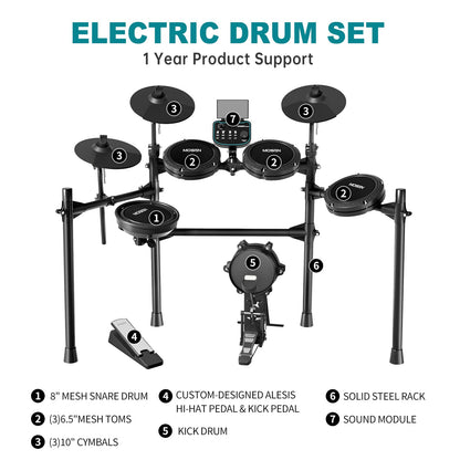 MOSEN MED-X5 Electric Drum Set Mesh Drum Pads, Phone Holder, Sticks, Adjustable cymbals, Kick drum, Headphones, USB MIDI, 260+ Sounds and 30 Drum Kits for Beginner