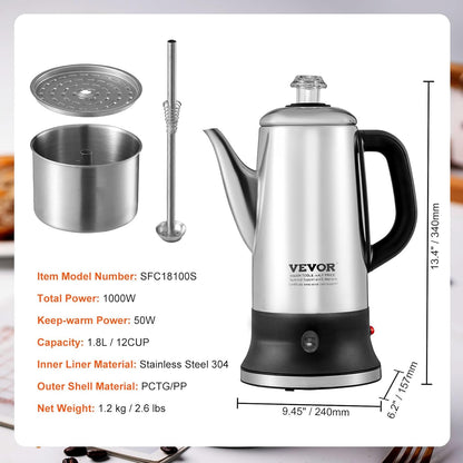12-Cup 304 VEVOR Electric Percolator Coffee Pot, Stainless Steel Body Coffee Percolator with Keep Warm Function