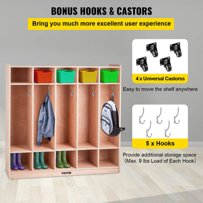 VEVOR Wooden Storage Cabinet, 5-Section Storage Locker with 10 Cubbies Shelf, Multi-Compartment Cubby Shelf with 5 Hooks for School, Classroom, Daycare, Home and Preschool