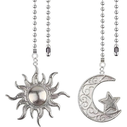 Silver Sun and Moon Zipper Extensions for Ceiling Fans and Lamps, with Ball Chain connectors, 30.48 cm Totem Bohemian Pendant Extender Decorations, 2 Pieces. (Silver)