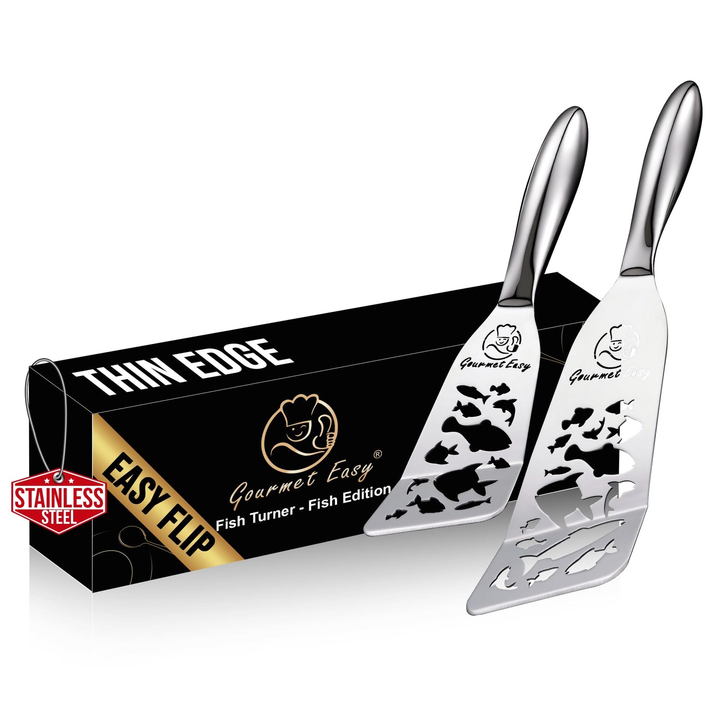 Stainless Steel Fish Spatula Set – Funky Fish Edition, 1 Large Fish Turner + 1 Small Metal Spatula, Ultra-Thin Edge for Easy Turning & Flipping, Ergonomic Non-Slip Handle, Dishwasher Safe