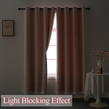 1 72 Inch Pink Blackout Curtain for Girls Bedroom Panel, Double Layered Curtain with Pom Pom White Sheer Overlay, Light