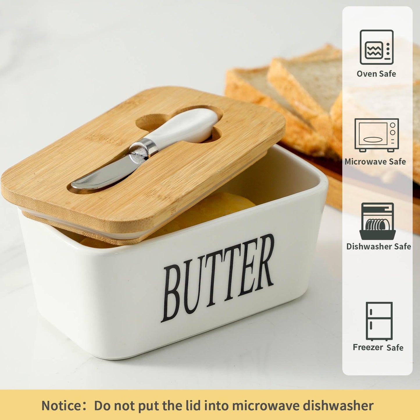 Butter Dish with Lid - Hasense White Ceramic Butter Dish with Airtight Cover and Knife for Countertop, Large Butter Holder Keeper Container with Silicone Sealing Ring for West East Coast