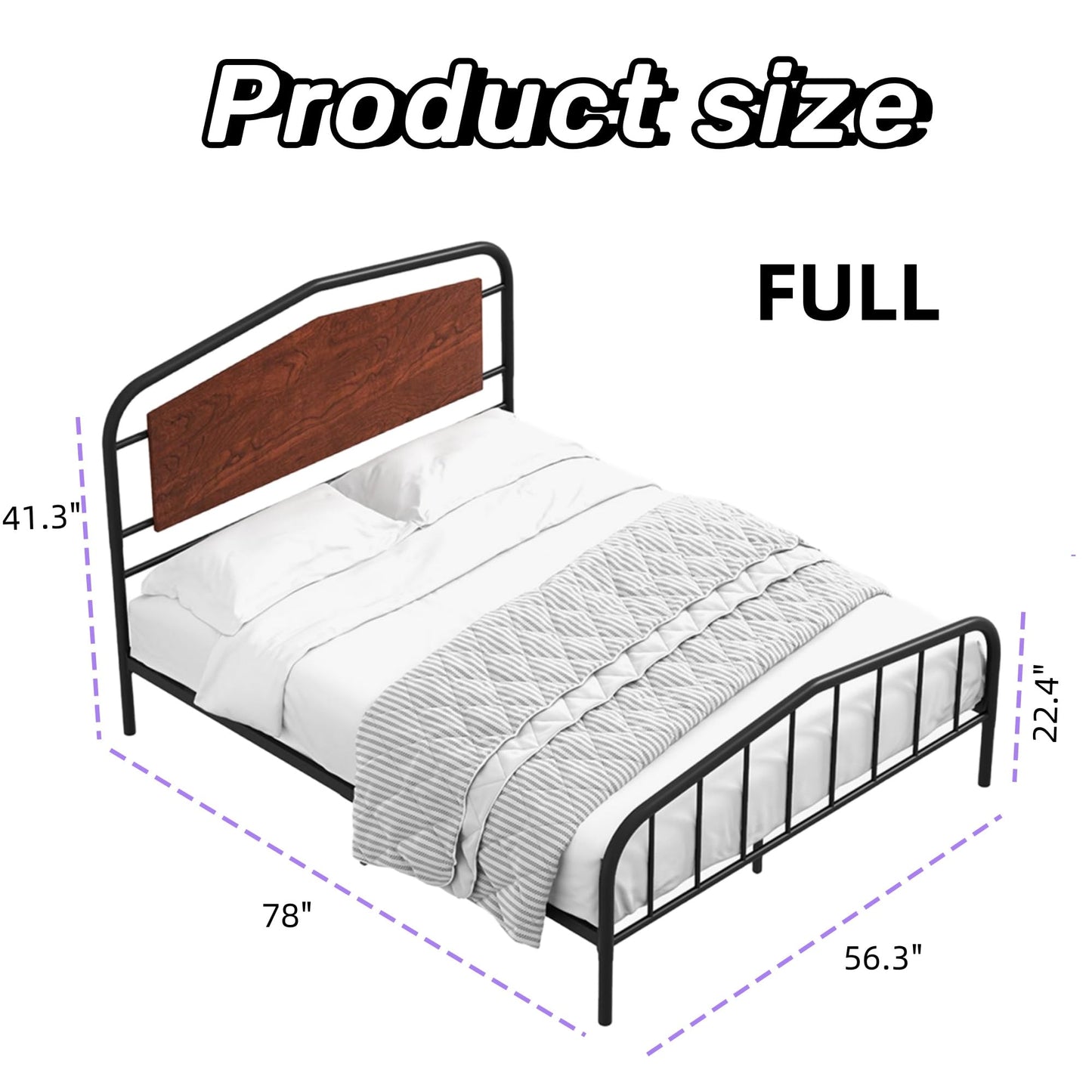 Gyabnw Full Bed Frame, Full Size Bed Frame, Heavy Duty Metal Platform Bed Frame with Round Corners, /No Box Spring Needed/Wooden Headboard/Noise-Free, Walnut