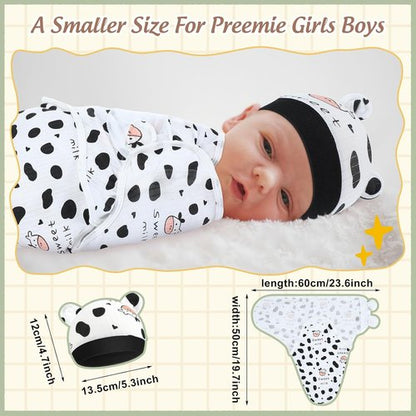 Buryeah Preemie Swaddle Blanket Wrap Set - 4 Pack with Hat for Baby Boys & Girls (3-7 lbs)