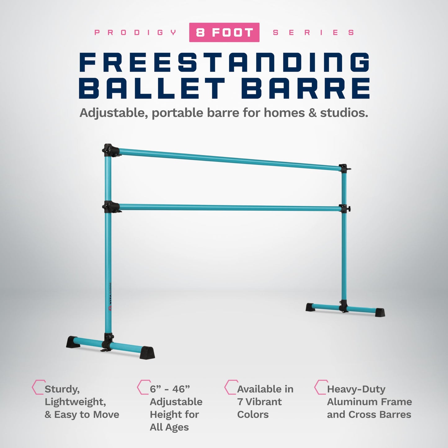VITA Barre Portable Freestanding Double Ballet Barre, Prodigy, 8 Ft Bars, Teal | Adjustable Height, USA Made, Home or Gym Exercise Equipment for Kids & Adults | Dance, Fitness, Pilates
