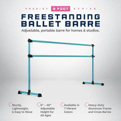 VITA Barre Portable Freestanding Double Ballet Barre, Prodigy, 8 Ft Bars, Teal | Adjustable Height, USA Made, Home or Gym Exercise Equipment for Kids & Adults | Dance, Fitness, Pilates