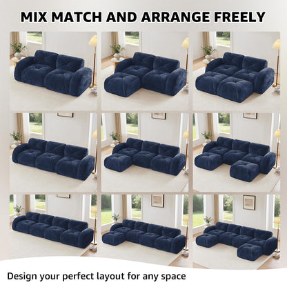 Blue L-Shaped Sectional Couches for Living Room, Velvet Fabric Boneless Couch, No Assembly Cloud Modular Sectional Sofa with 1 Ottoman, Foam Couch Compressed Sofa Set for Apartment, Sofas para Sala