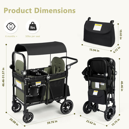 Kinder King Wagon Stroller for 2 Kids, All-Terrain Foldable Outdoor Stroller Wagon 2 Seater, Removable Canopy, Adjustable Handle, Shock-Absorbing Wheel, Detachable Tray, Large Storage, Green
