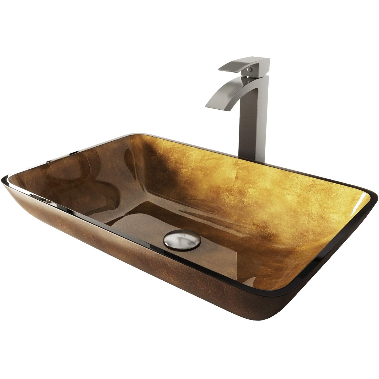 VIGO 22" L -14" W -12" H Donatello Glass Rectangular Vessel Sink Set in Copper with Faucet and Drain -VGT513