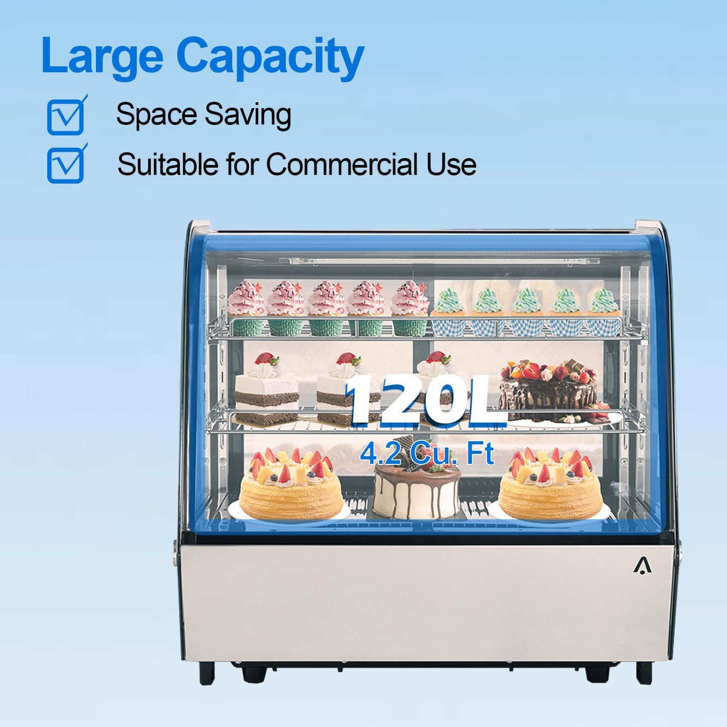 Refrigerated Display Case Countertop 4.2 Cu. Ft Commercial Display Refrigerator, Pastry Refrigerator w/LED Light Air-cooling Automatic Defrost Rear Sliding Door for Cafe Restaurant Countertop/Floor