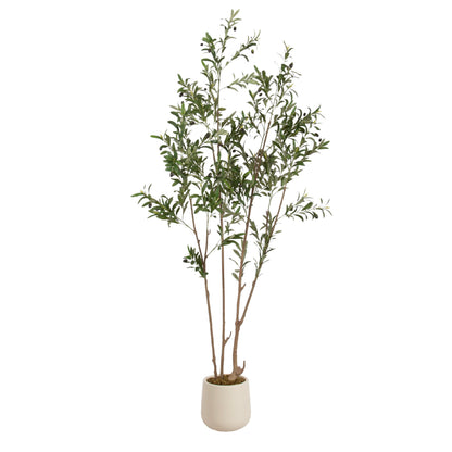 Kate and Laurel Oliveira Faux Olive Tree with Jia Curved Planter Pot, 7 FT, Cream, Potted Artificial Tree Indoor with Realistic Foliage and Added Moss, Fake Plant for Living Room Decor