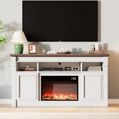 GAOMON 58 Inch Fireplace TV Stand, Wooden Entertainment Center with 36 Inch Electric Fireplace, 3D Realistic Flame, Farmhouse Media Console with Storage Cabinets for Living Room, White+Brown