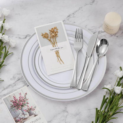 BESTVIP 600PCS Silver Dinnerware Set for 100 Guests, Plastic Plates for Party, 100 Silver Disposable Plates, 100 Dessert Plates, 100 Cups, 100 Spoons, 100 Forks and 100 Knives