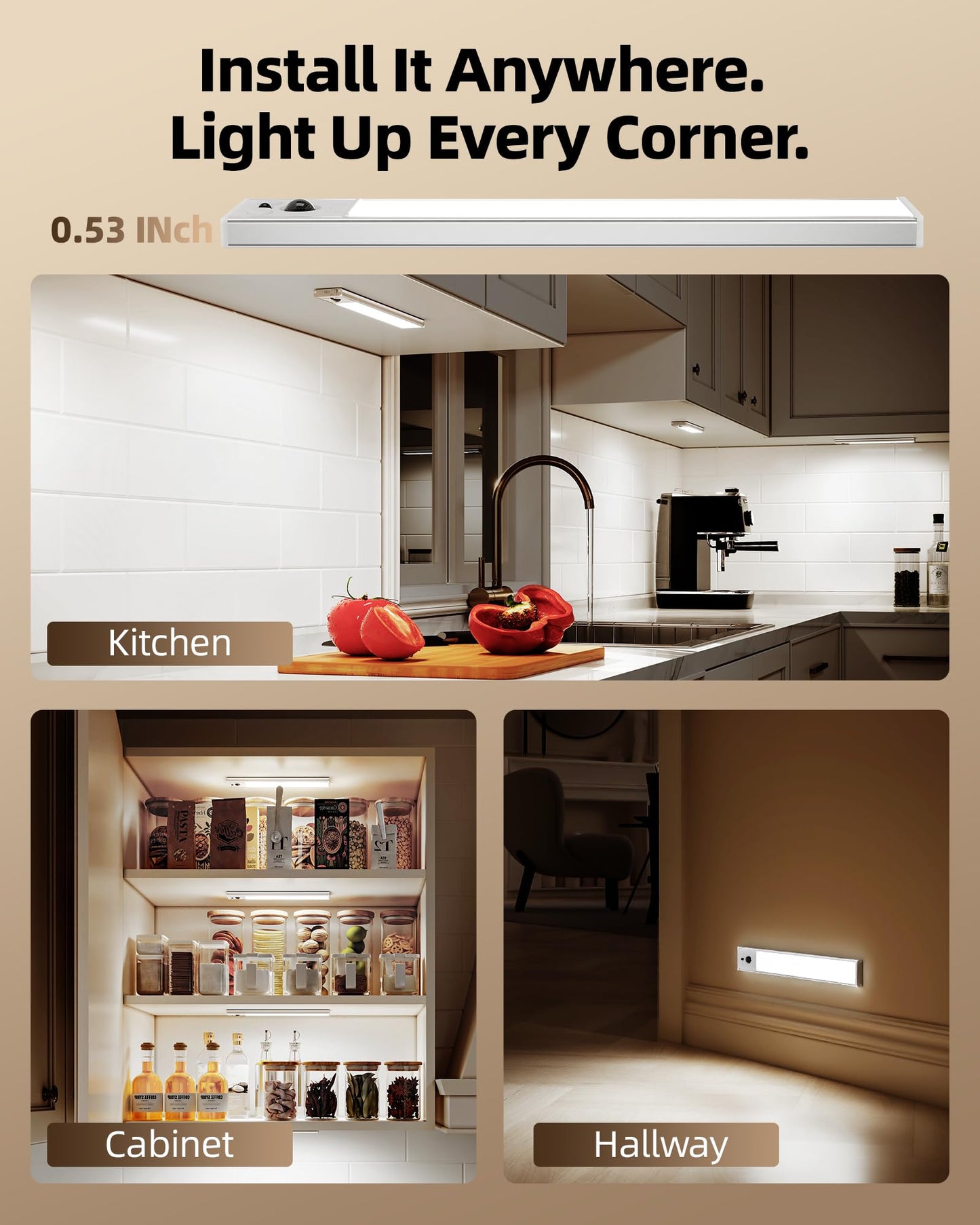 EZVALO 5-Pack Under Cabinet Lighting, 2400mAh Rechargeable Motion Sensor Light, 10inch Magnetic Closet Lights with Dimmable & 3 Color Temps, Wireless Motion Activated Lights with Remote for Kitchen