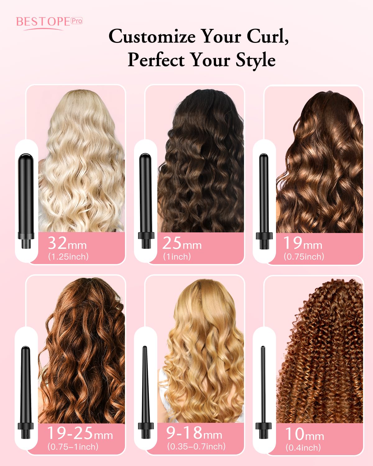 Long Barrel Curling Iron Wand Set, BESTOPE PRO 6 in 1 Curling Wand Set with Ceramic Barrel for Long/Medium Hair, 0.35"-1.25" Interchangeable Hair Wand Curler, Dual Volts, Include Glove & Clips - Black