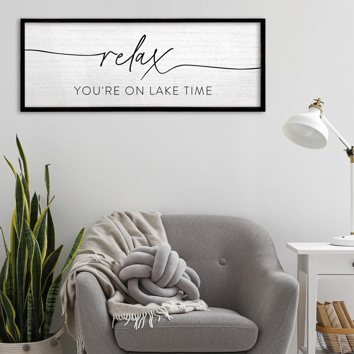 TQianJiang Relax You're On Lake Time Wall Decor 32"×12" Lakeside Quote Sign Lake House Decor for Living Room Bedroom Large Rustic Wooden Framed Wall Hanging Art (Black)