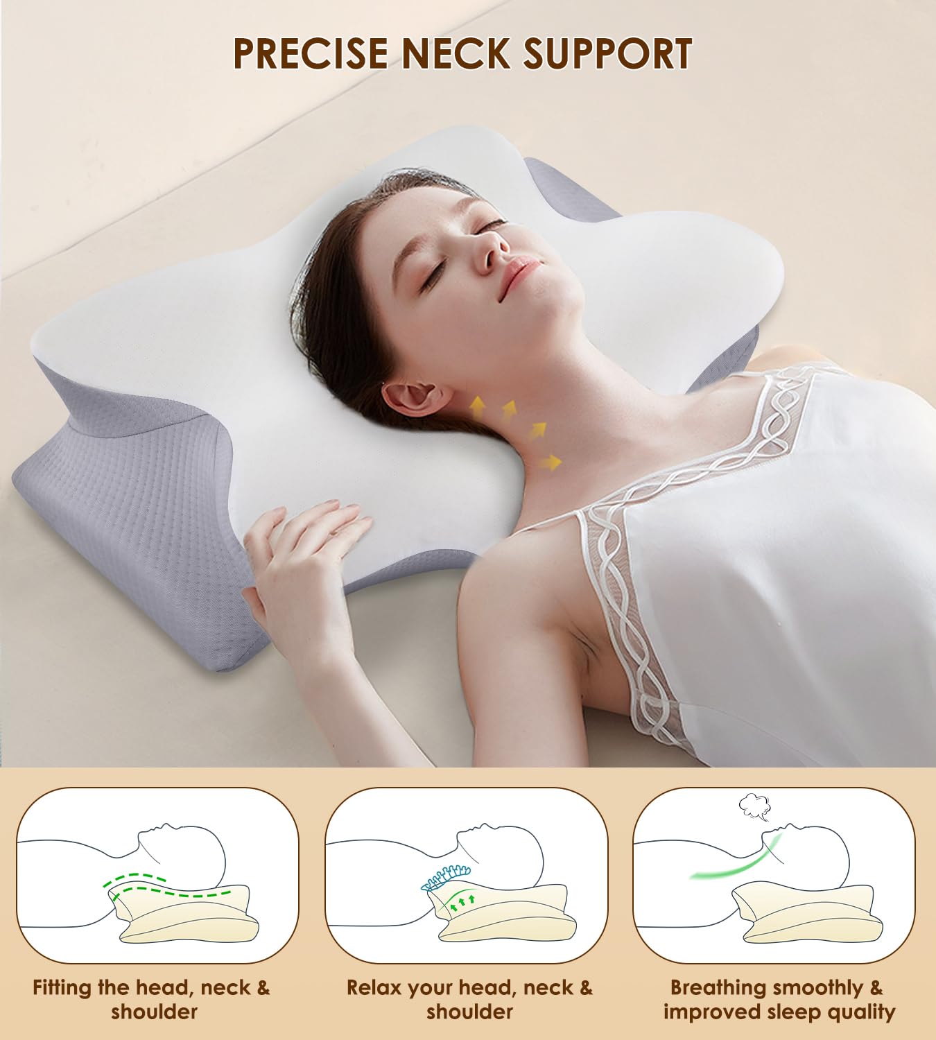 Cervical Pillow for Neck and Shoulder, Ergonomic Contour Memory Foam Pillows for Sleeping, Cooling Neck Support Pillow for Back Stomach Side Sleeper Dark Grey