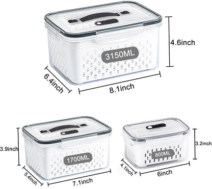 Fruit Storage Containers for Fridge with vent holes and handle，Airtight Food Storage Containers Keep Fruits, Vegetables, Berry, Meat Fresh longer,BPA-free Fridge Storage Container with Lid (3 Pack)