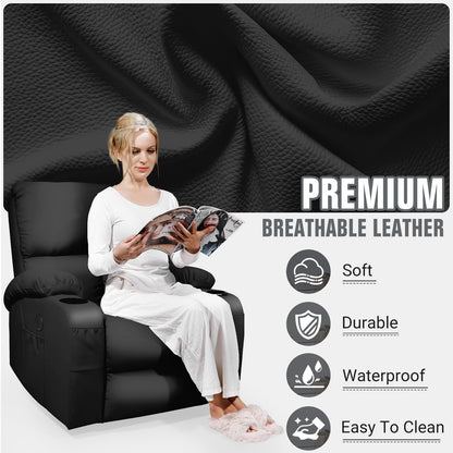 LAFWELL Rocking Recliner Chair, Massage Rocker Recliner Chair with Vibration Massage and Heat, USB and Type-C Ports,360° Swivel Faux Leather Chairs, Living Room, Bedroom, Nursery, RV, Black