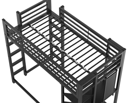 KEIKI Twin Size Loft Bed with Desk, 2 Side Ladders, Storage Shelves, Safety Guardrail, No Box Spring Needed, Space-Saving Metal Loft Bed Frame for Kids/Teens/Adults