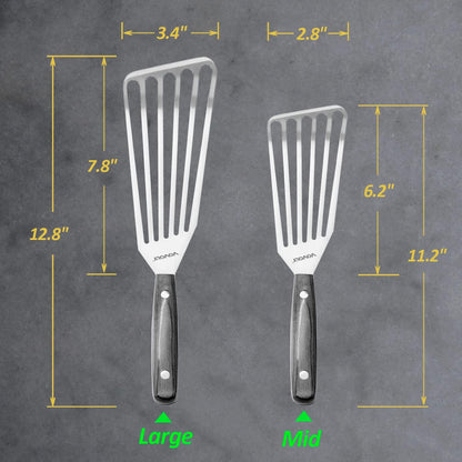 2 Pack Stainless Steel Fish Spatula Turner, Slotted Spatulas for Flipping, Turning, Frying & Grilling, Wooden Full Tang