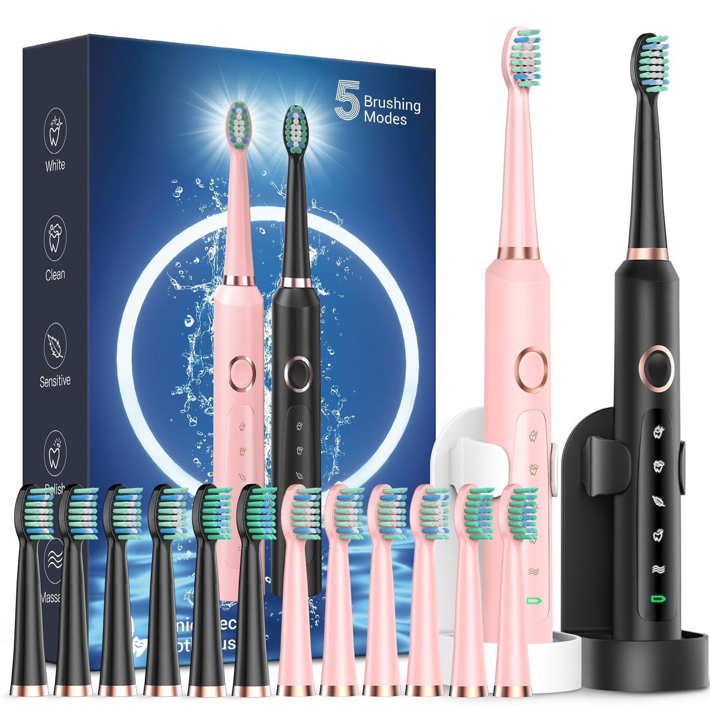 Rtauys M5 Sonic Electric Toothbrush for Adults and Kids - Rechargeable Electric Toothbrush Kids Ages 12+ and Adults with 8 Brush Heads & Travel Case, 120 Days Battery Life - Pink