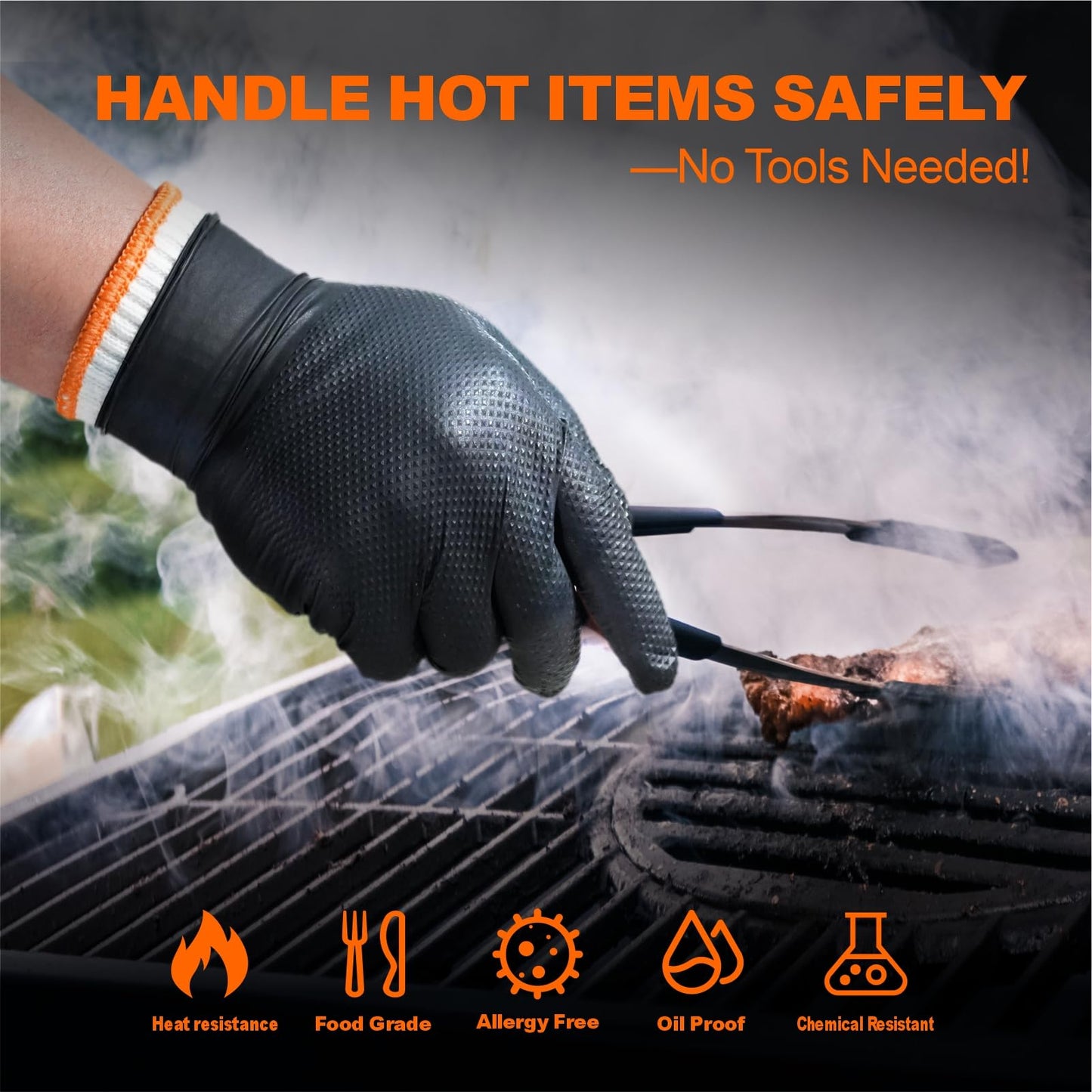 ANBOSON BBQ Gloves for Grilling Disposable Heat Resistant - 100 Nitrile Gloves + 4 Reusable Cotton Liners for Barbecue Smoker, Cooking Hot Meat - 10Mil Thick, Non-Slip Grip - Black Large