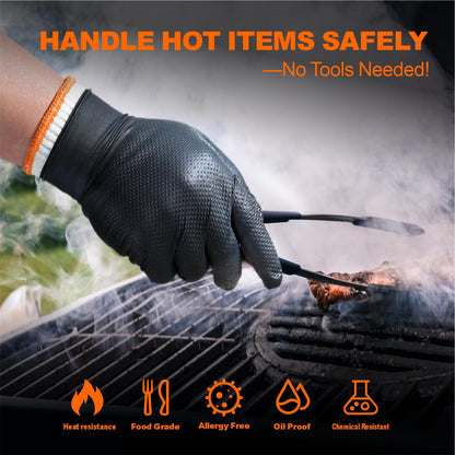 ANBOSON BBQ Gloves for Grilling Disposable Heat Resistant - 100 Nitrile Gloves + 4 Reusable Cotton Liners for Barbecue Smoker, Cooking Hot Meat - 10Mil Thick, Non-Slip Grip - Black Large