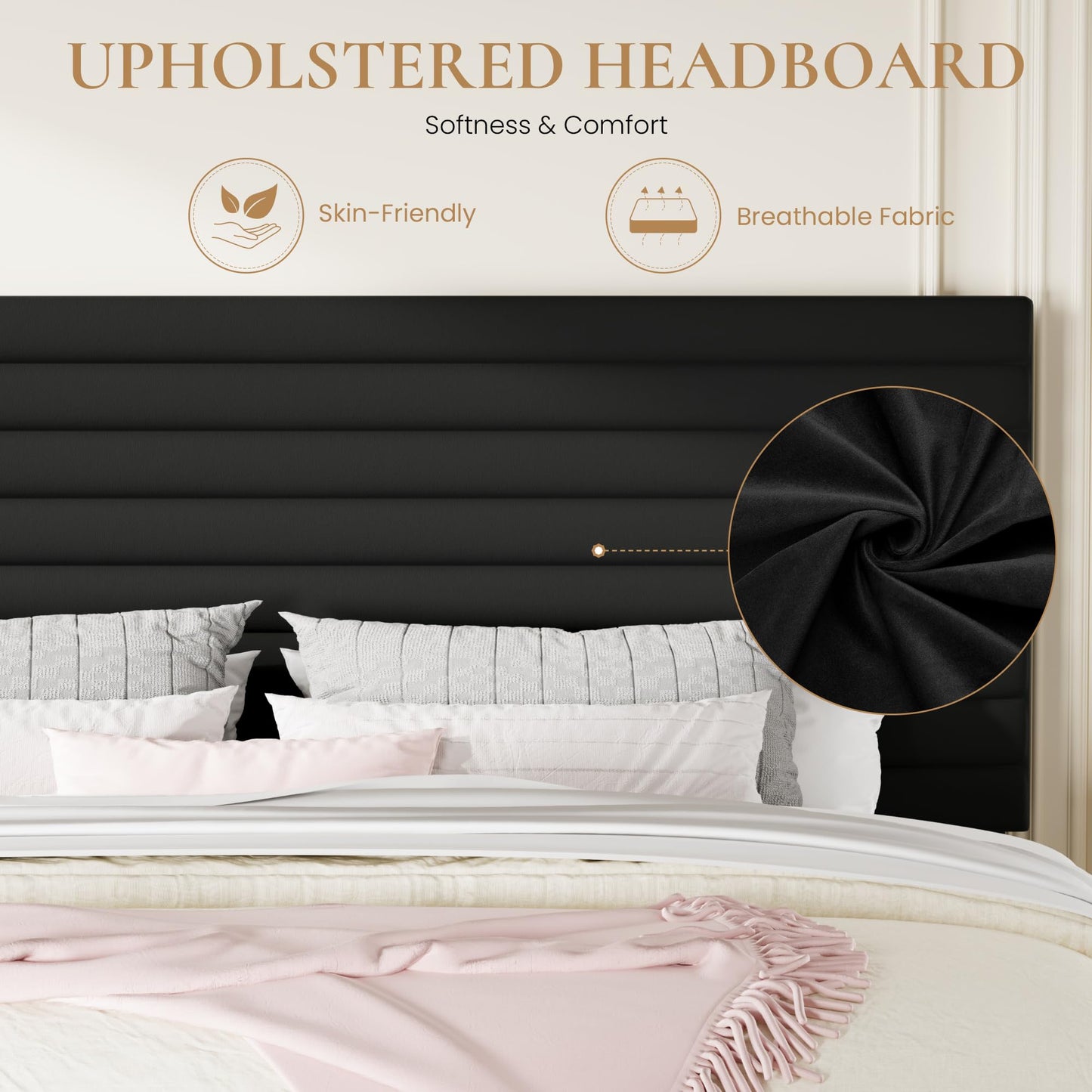 SHA CERLIN King Size Platform Bed Frame with Adjustable Headboard, Velvet Upholstered Bed with Under-Bed Storage, Modern Horizontal Channel Tufted, Wood Slats Support, No Box Spring Needed, Black