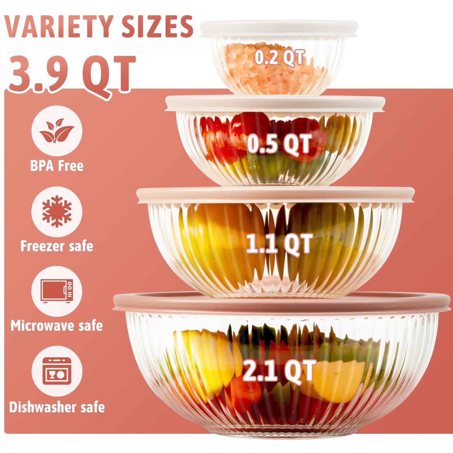 Freshmage Glass Mixing Bowls with Lids Sets, 4 Packs Glass Bowls with Lids for Kitchen Baking, Meal Prepping and Salad, Bpa Free and Dishwasher Safe Serving Bowls, 0.2/0.5/1.1/2.1