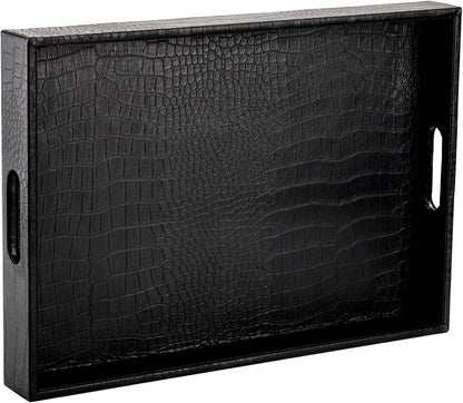 17x12 Inch Lyellfe Black Serving Tray with Handles, Decorative Ottoman Tray in Alligator Faux Leather, Rectangular