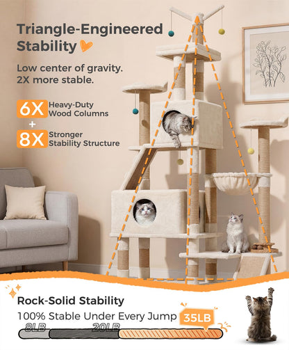 Catlike【Rock-Solid Real Wood】 76“ Tall Cat Tree for Large Cats, No Wobble Even at the Top, Extra-Large Condos for Maine Coons & Big Cats, Indoor Cat Tower with Scratching Posts, Perches & Hammmock