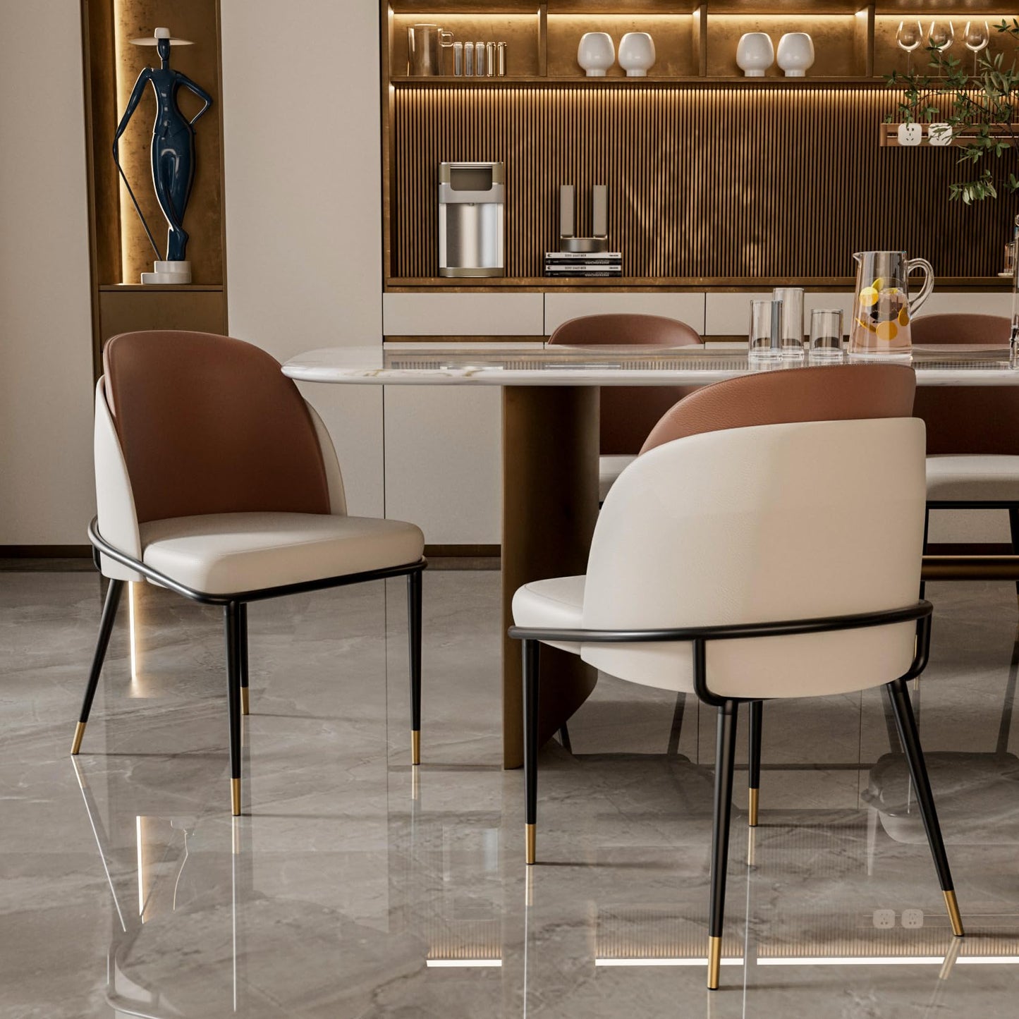 Wisfor Dining Chairs Set of 2: Faux Leather Upholstered Makeup Chair with Arched Backrest - Armless Vanity Chairs with Metal Legs for Kitchen Living Room Bedroom (Reddish Brown and Beige)