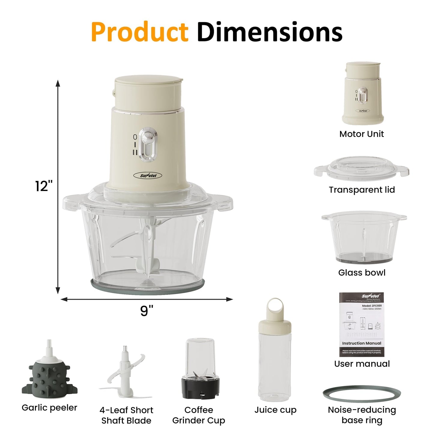 Sunvivi 250W Electric Food Chopper, 4 in 1 Food Grinder for Grinding Meat, Peeling Garlic & Juicing, Variable Speed Blender and Food Processor Combo with 1.5L Glass Bowl & 2 Cups (0.4L+0.2L), Beige