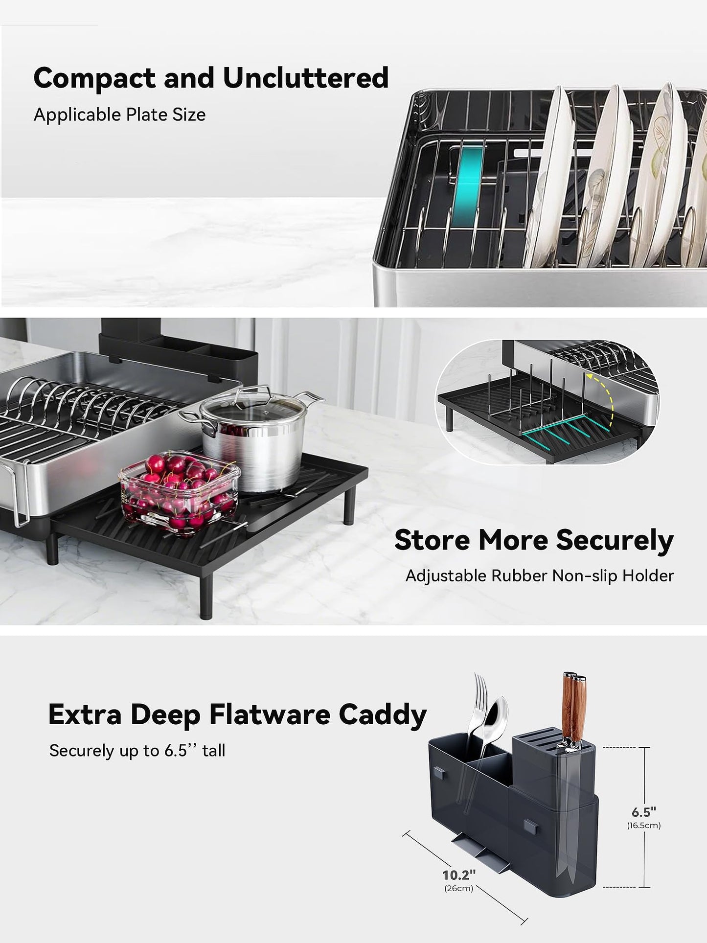 SUNLY Large Dish Drying Rack, Expandable Dish Racks for Kitchen Counter, Space Saving 304 Stainless Steel Drying Rack Kitchen, Extra Large Drainer with Multifunctional Flip Up Pegs, Black