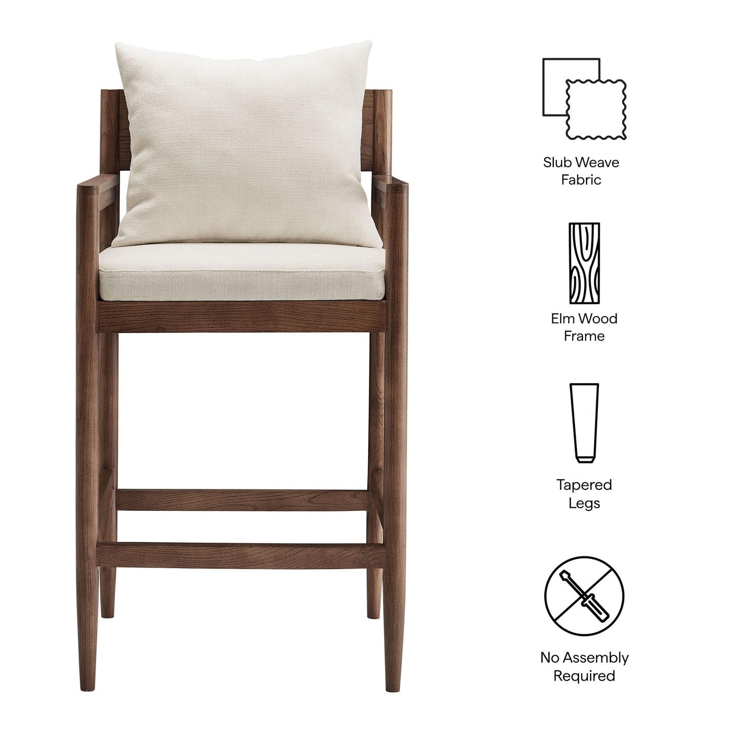 Modway Remington 29 Inch Barstool in Salt – Modern Upholstered Bar Height Stool with Back and Armrests – Wood Bar Chair with Cushion