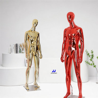 Full Body Male Mannequin with Chrome Metallic Finish, Fiberglass Abstract Dress Form with Posable Head, Futuristic Retail Display Dummy with Metal Base for Men's Fashion Window(Chrome Red)