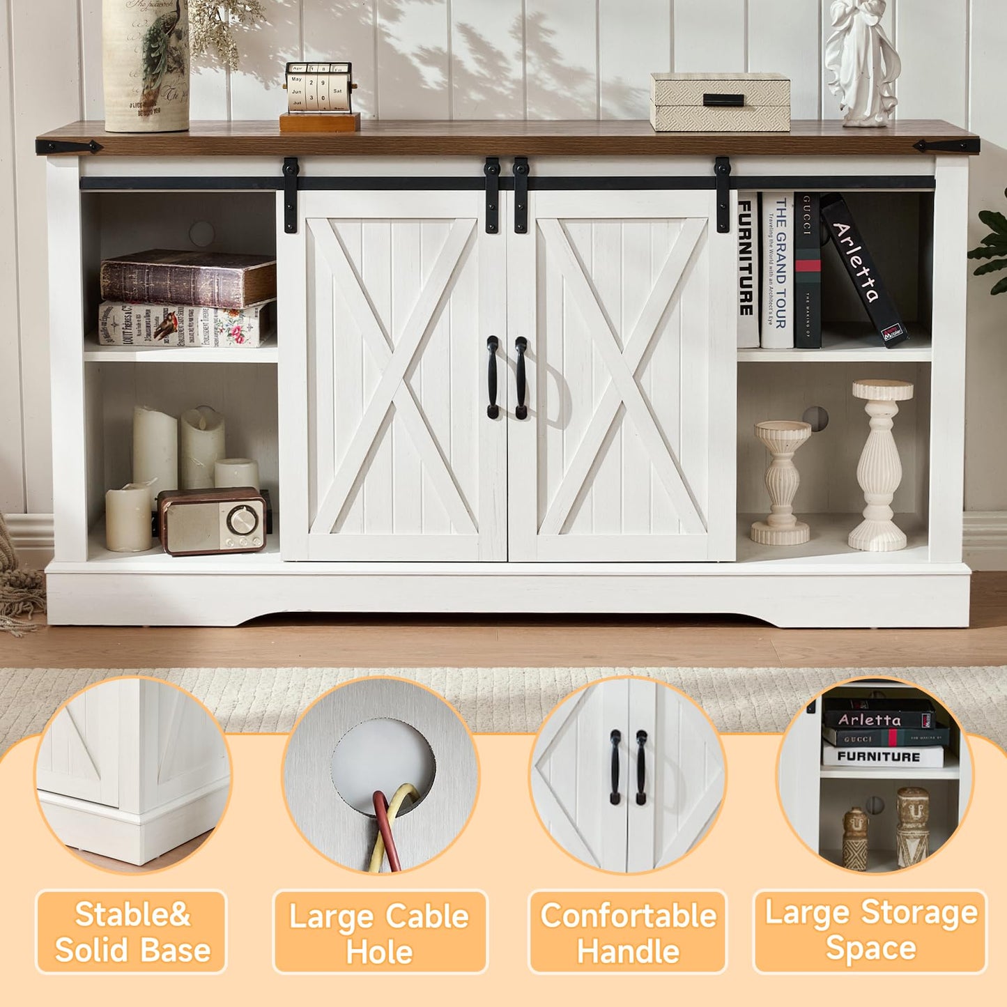 ROCKPOINT 58" Fireplace TV Stand for TV up to 65 Inch with Farmhouse Tall Sliding Barn Doors, Entertainment Center with Storage Cabinet, 23" Electric Fireplace with Remote, White