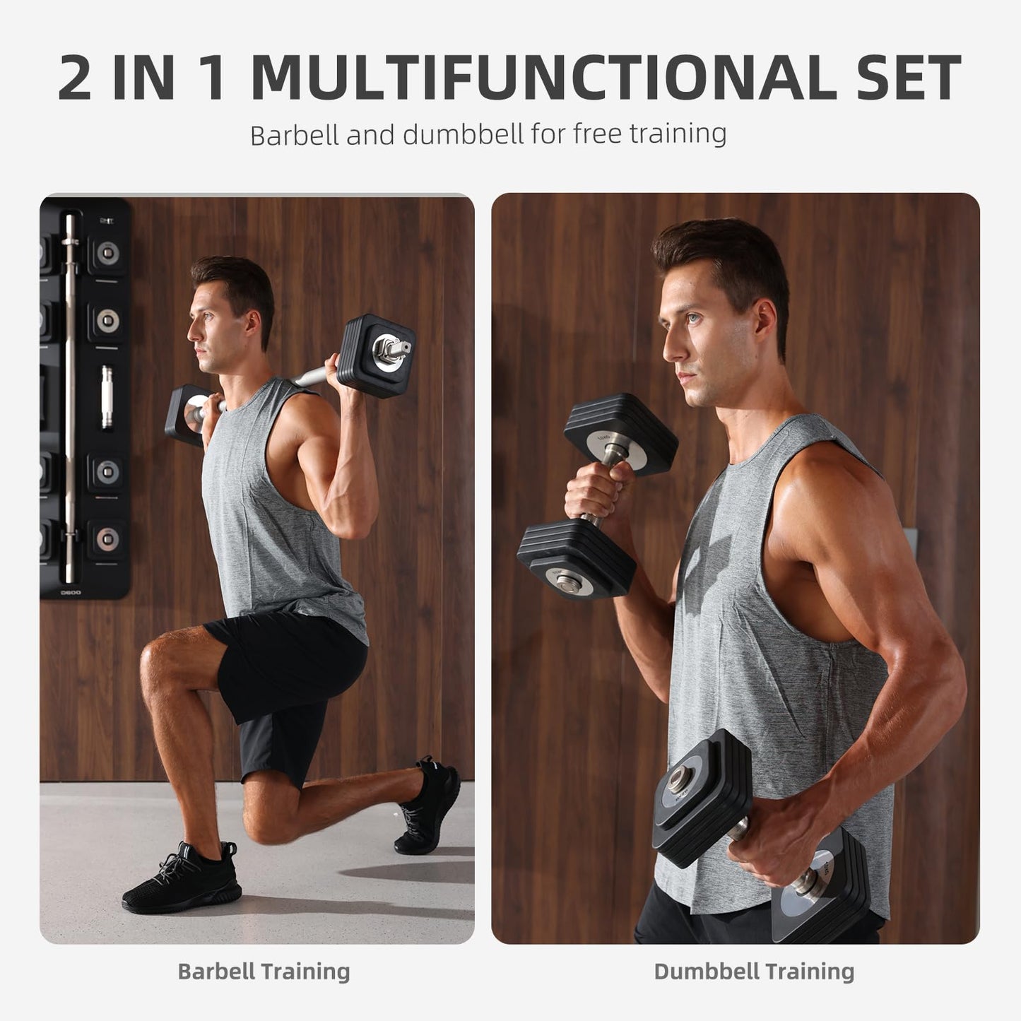 DHT Adjustable Dumbbells, Wall-Mounted Dumbbell Barbell Set with Rack, Free Weights Dumbbells, All-Purpose Fitness, Anti-Rolling, Weights Set for Home, Gym, Office, 2.2-50 lbs, 2 in 1 Black