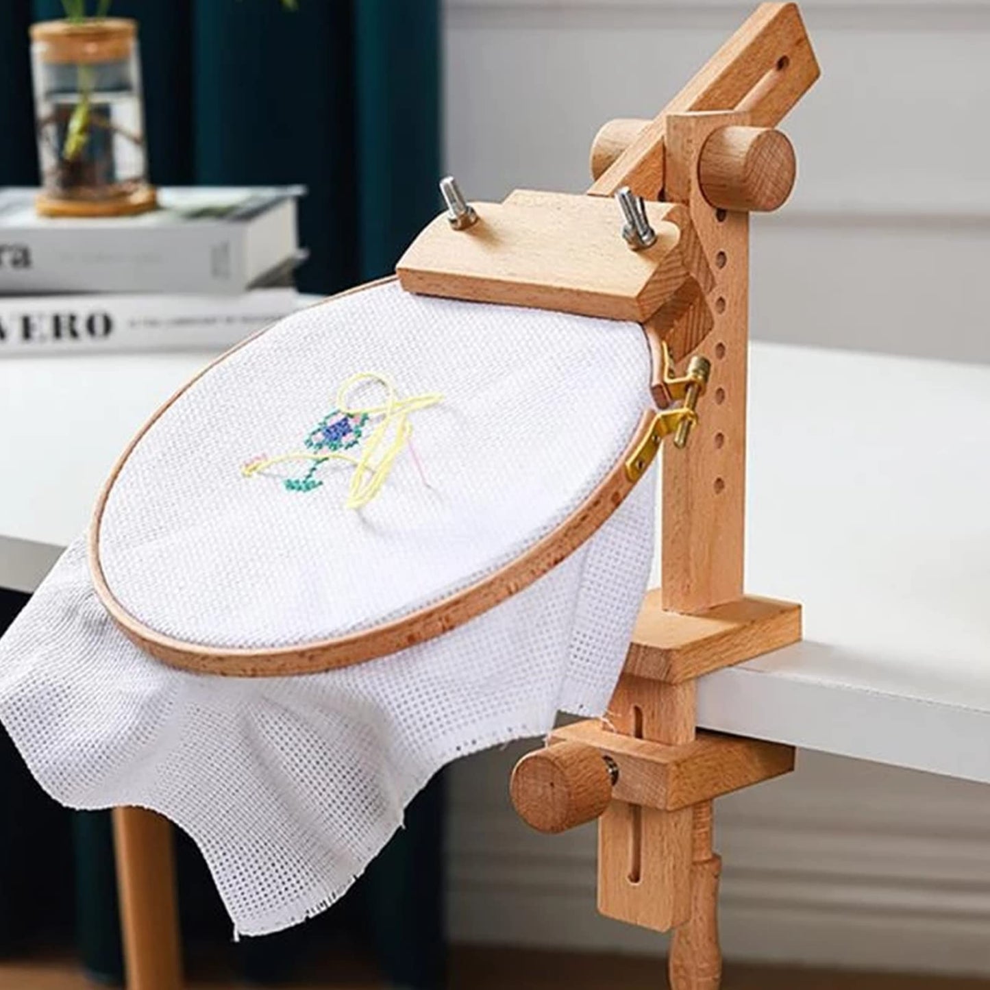Embroidery Hoop Stand Clip Holder, Wooden Rotatable Adjustable Embroidery Frame Stand Set, with Desktop Clip and 8 Inch Embroidery Hoops, for DIY Craft Thread Sewing
