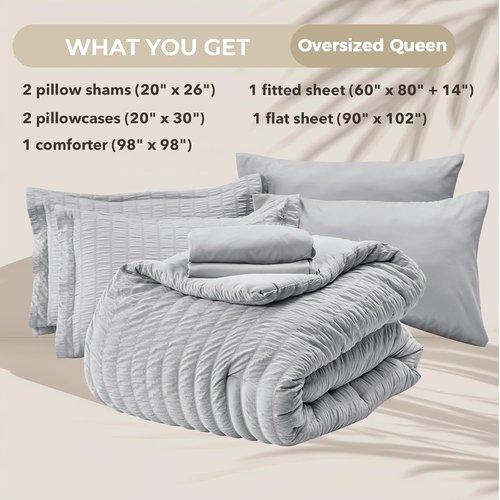 HYMOKEGE Queen Comforter Set - Light Grey Oversized 7-Piece Luxury Bedding Set | All-Season Comforter, Sheets & Pillowcases
