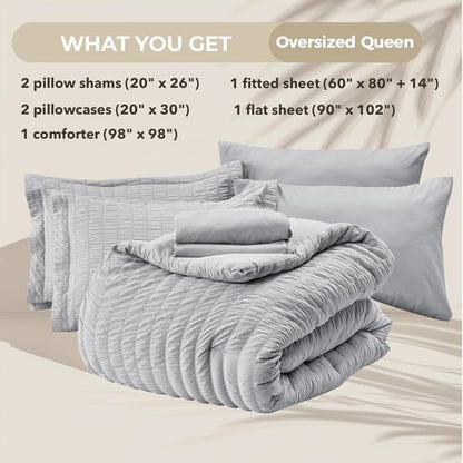 HYMOKEGE Queen Comforter Set - Light Grey Oversized 7-Piece Luxury Bedding Set | All-Season Comforter, Sheets & Pillowcases