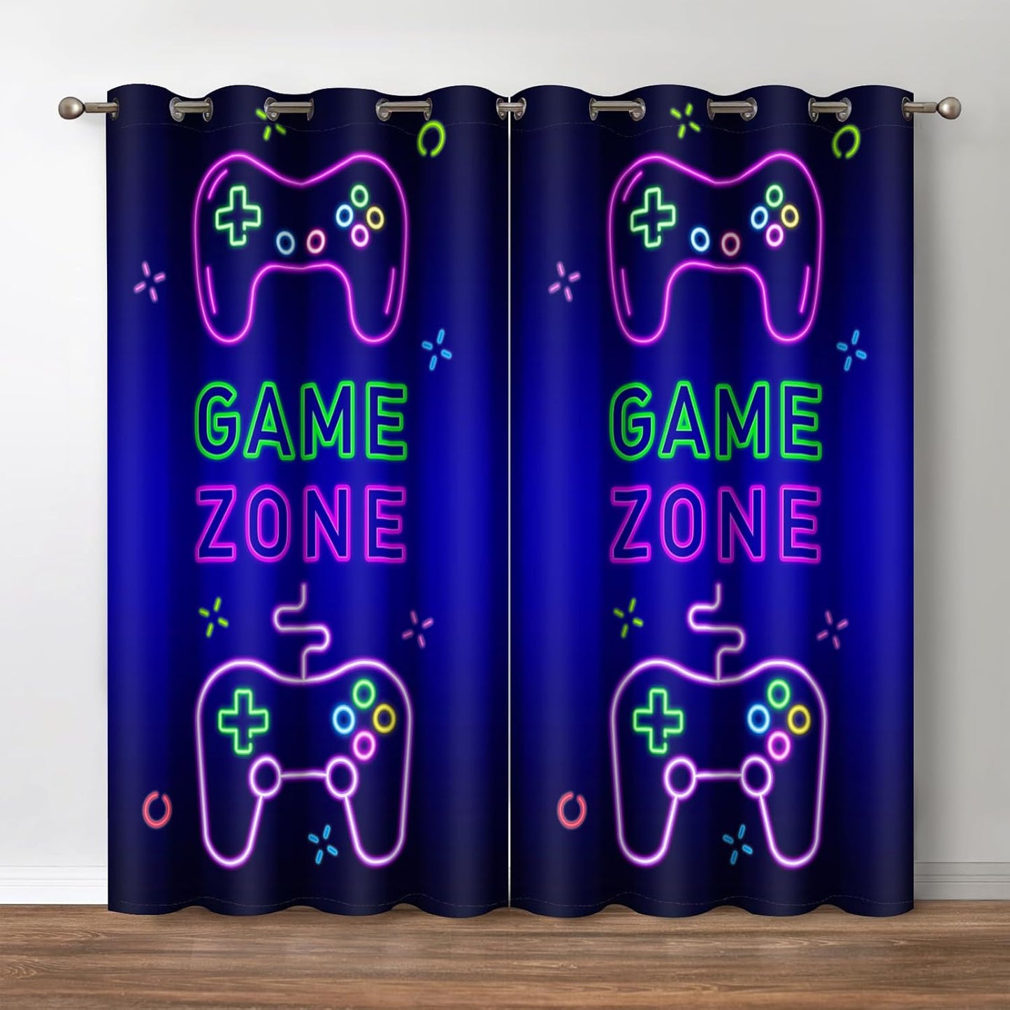 Jekeno Gaming Gamepad Gamer Blackout Curtains, Video Games Controller Neon Sign Pattern Decor, 2 Panels Set, 42x63 Inch