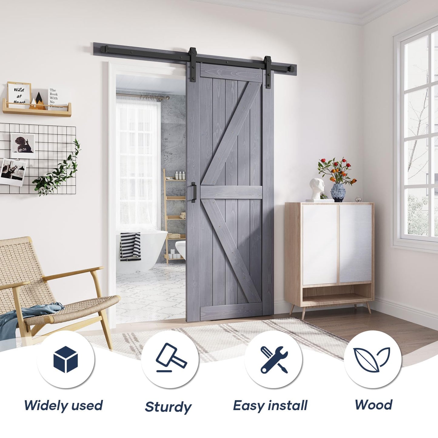 FREDBECK 32in x 84in Gray Wood Barn Door Slab with 5.5ft (66inch) Barn Door Hardware Track Kit Included, Double Surfaces,Simple Assembly is Required,K-Frame,Grey