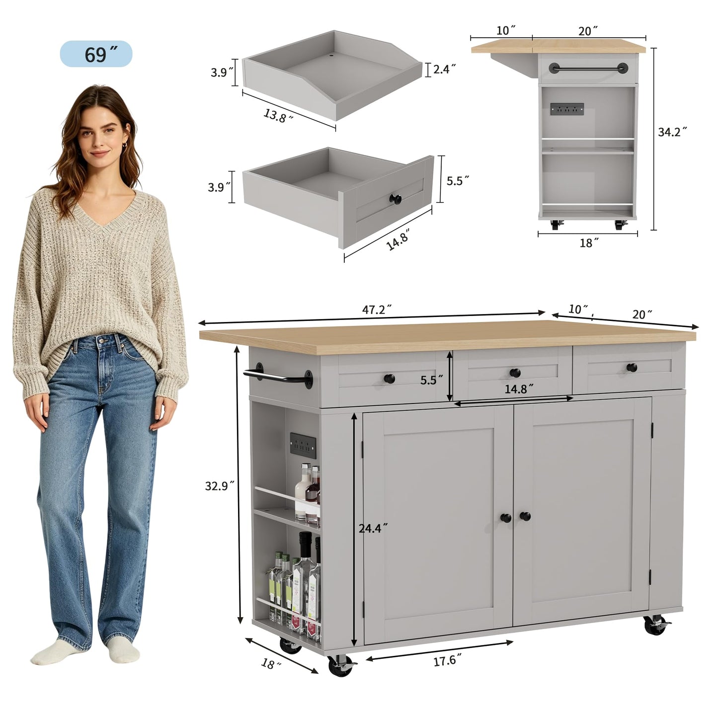 IDEALHOUSE Rolling Kitchen Island with Drop Leaf Countertop, Charging Station & Ample Storage - 47.2" Mobile Kitchen Cart On Wheels with Pull-Out Shelves, Drawers, Spice Rack & Organizer Divider