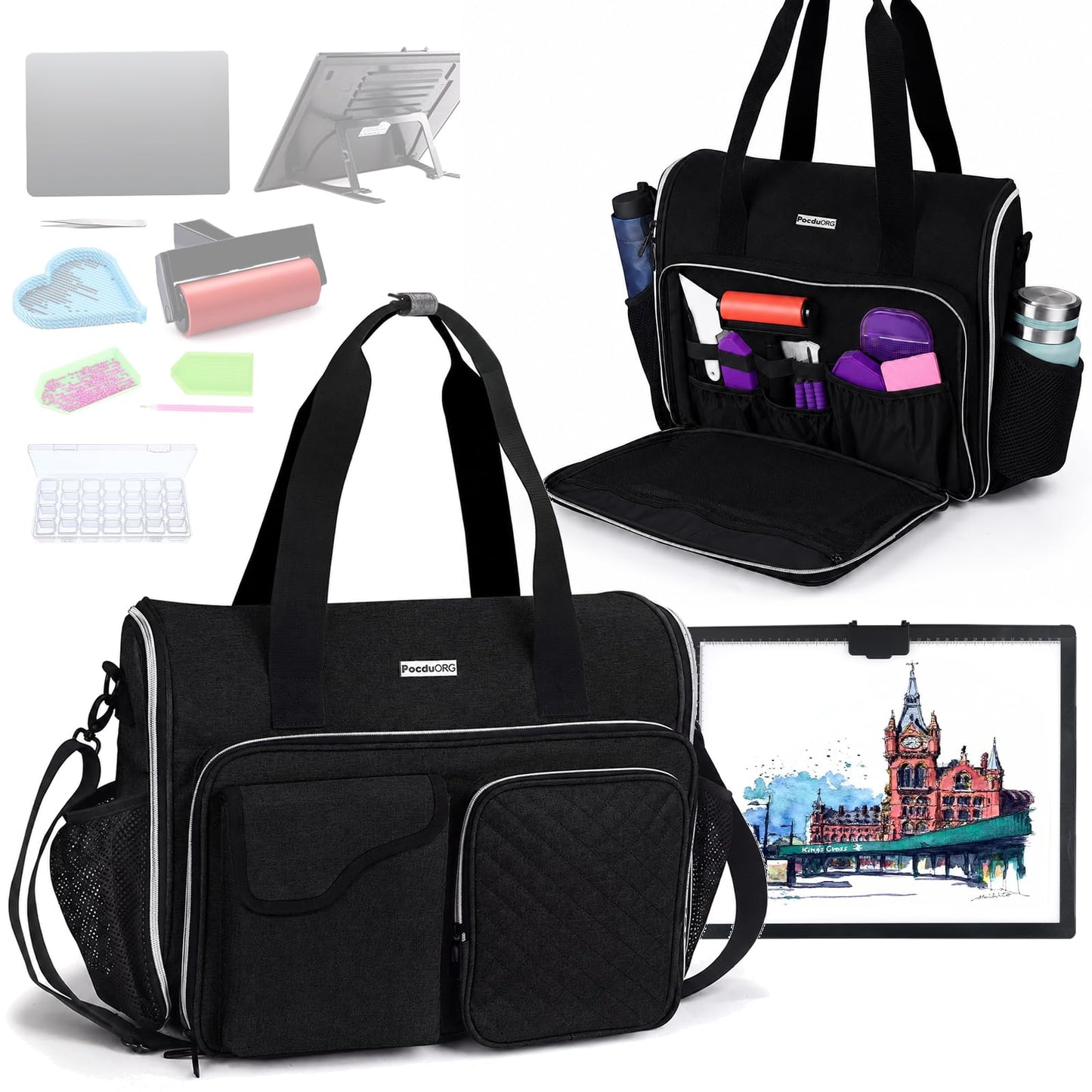 POCDUORG Portable A4 Light Pad Storage Bag for Diamond Painting Accessories, Tote Organizer Case with Multiple Pockets - Compatible with A4 Light Board, Art Supplies & Travel Carrying (Black S)