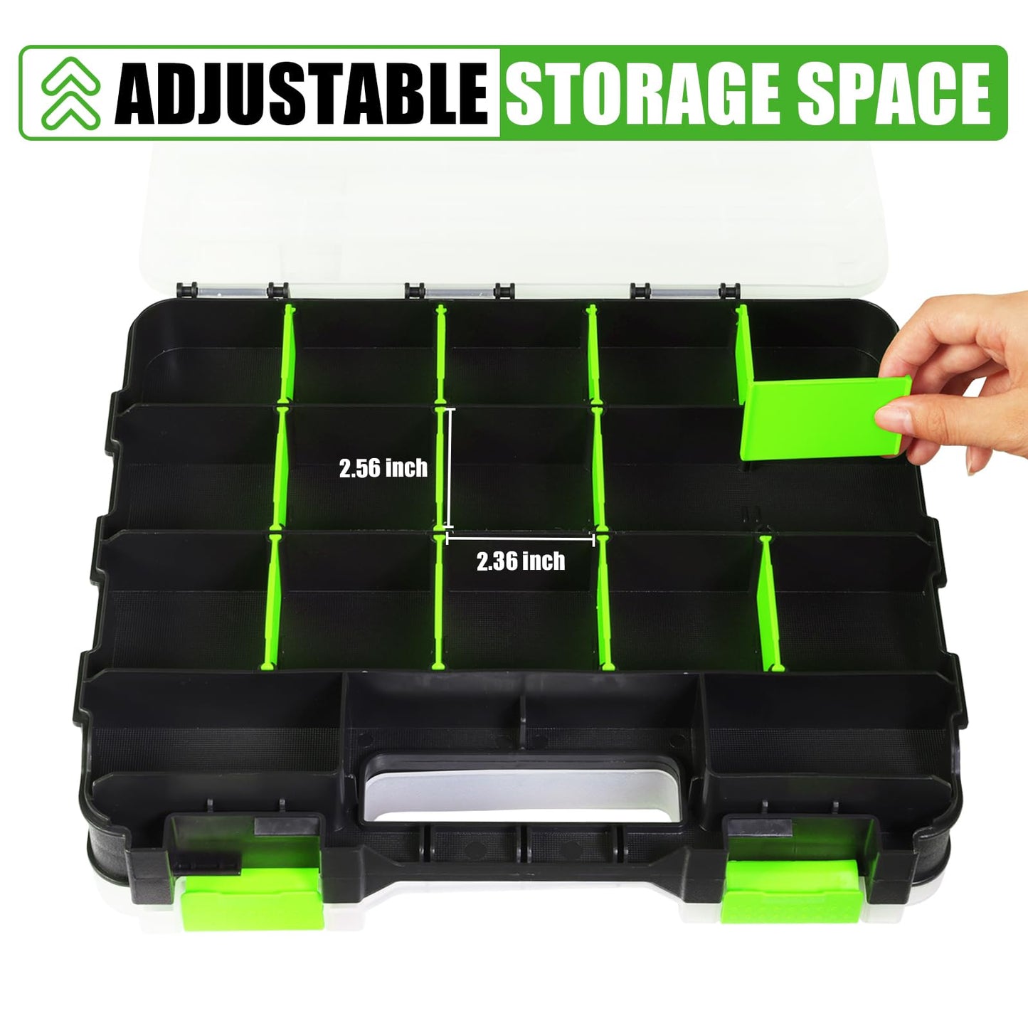 Tool Box with Transparent Lid, Double Side 34-Compartments Organizer Box with Removable Dividers for Hardware, Screws, Bolts, Nails, Beads, Jewelry and Fishing Accessories, Green, 2 Packs